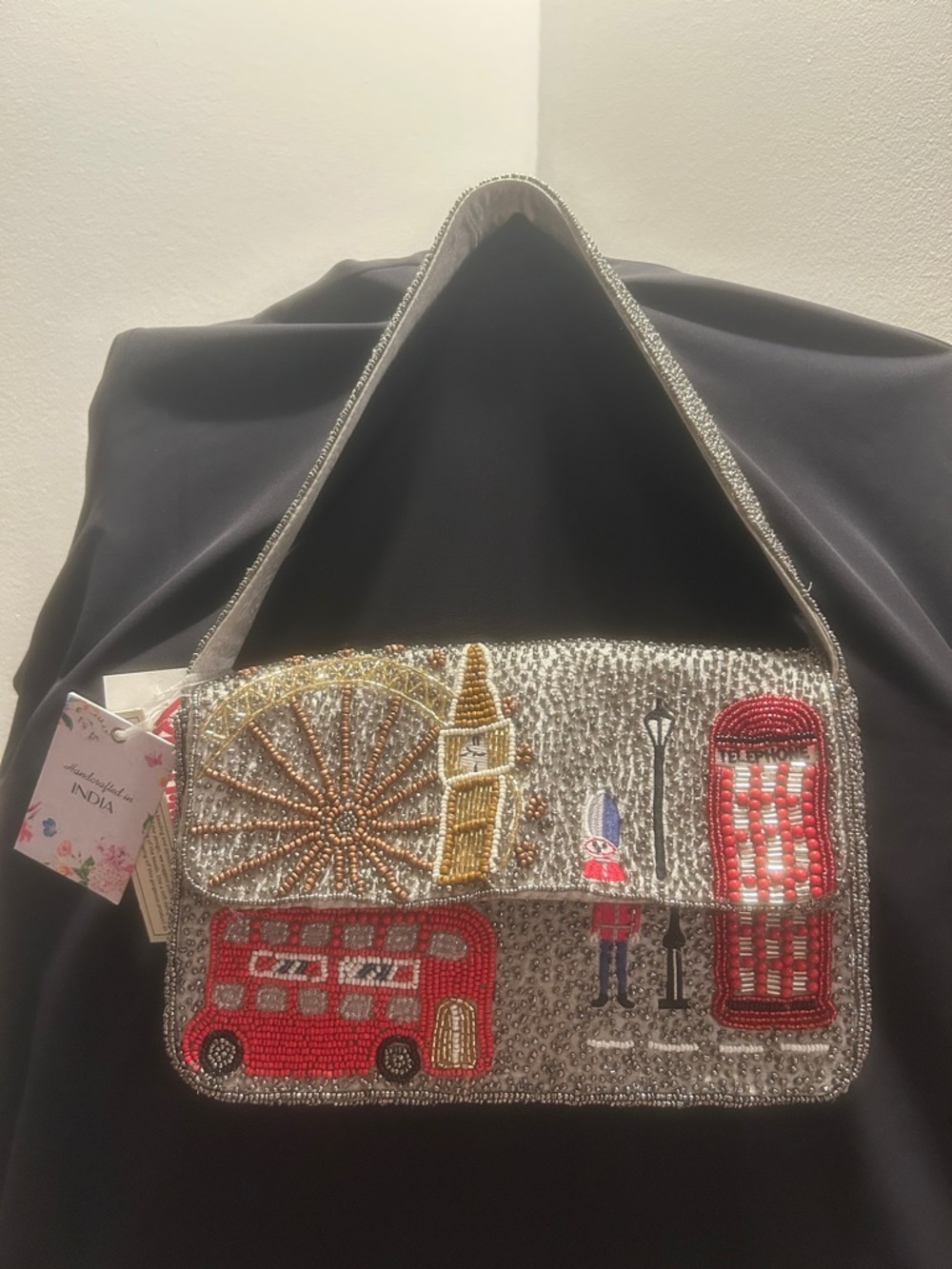 Embellished London Icon Silver Beaded Shoulder Bag